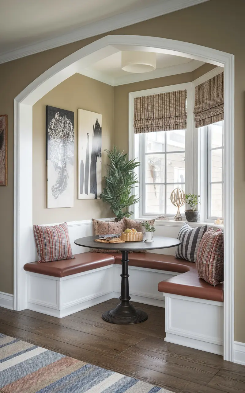 Cozy nook in a Scandi style kitchen with seating, cushions, and a round table