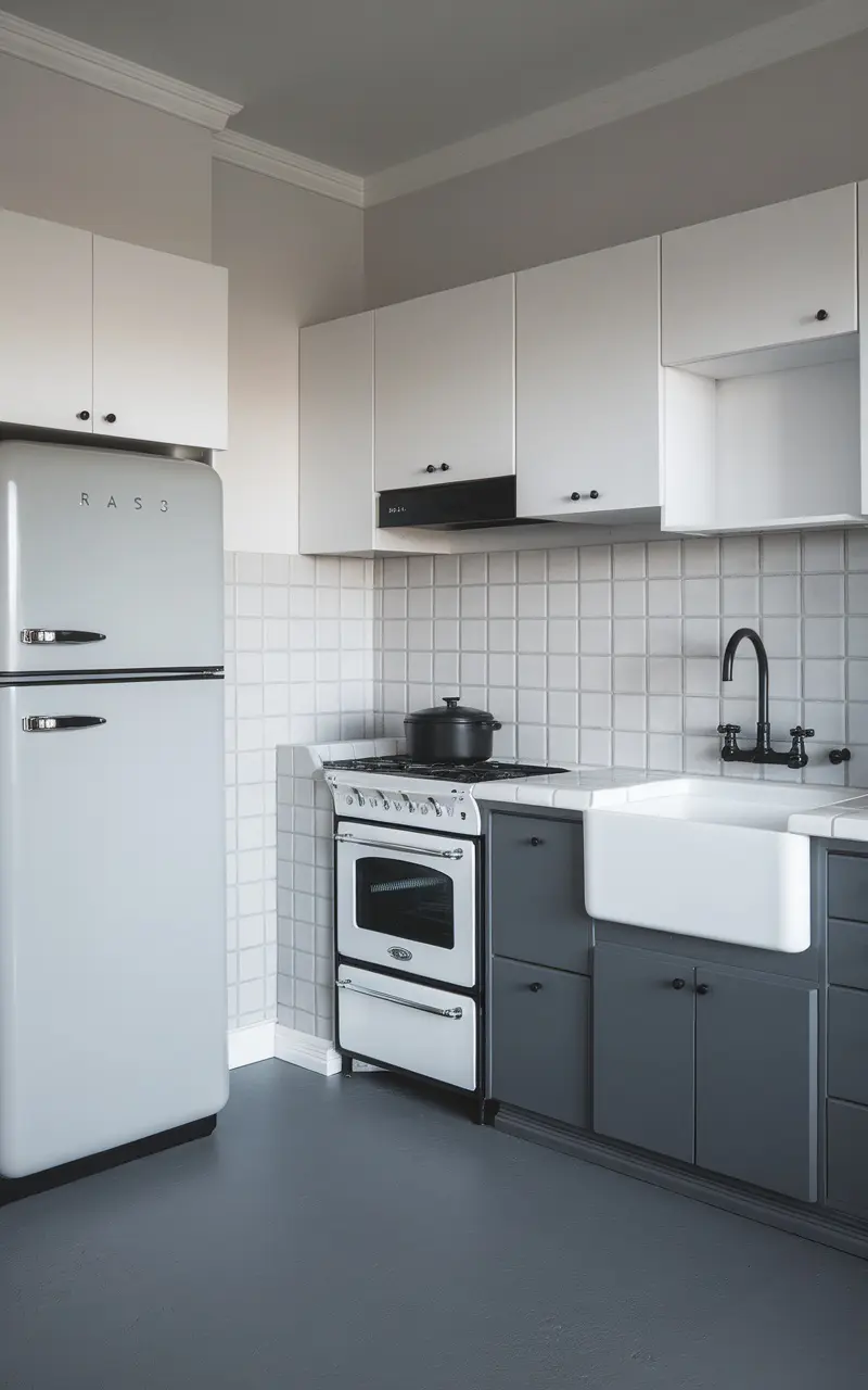 A stylish Scandi-style kitchen with a monochromatic scheme featuring gray and white cabinets, a vintage fridge, and a large farmhouse sink.