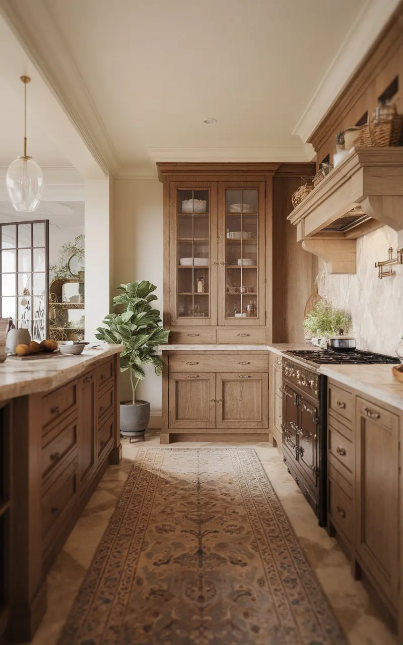 A cozy Scandi style kitchen with a warm rug, wooden cabinetry, and a plant.