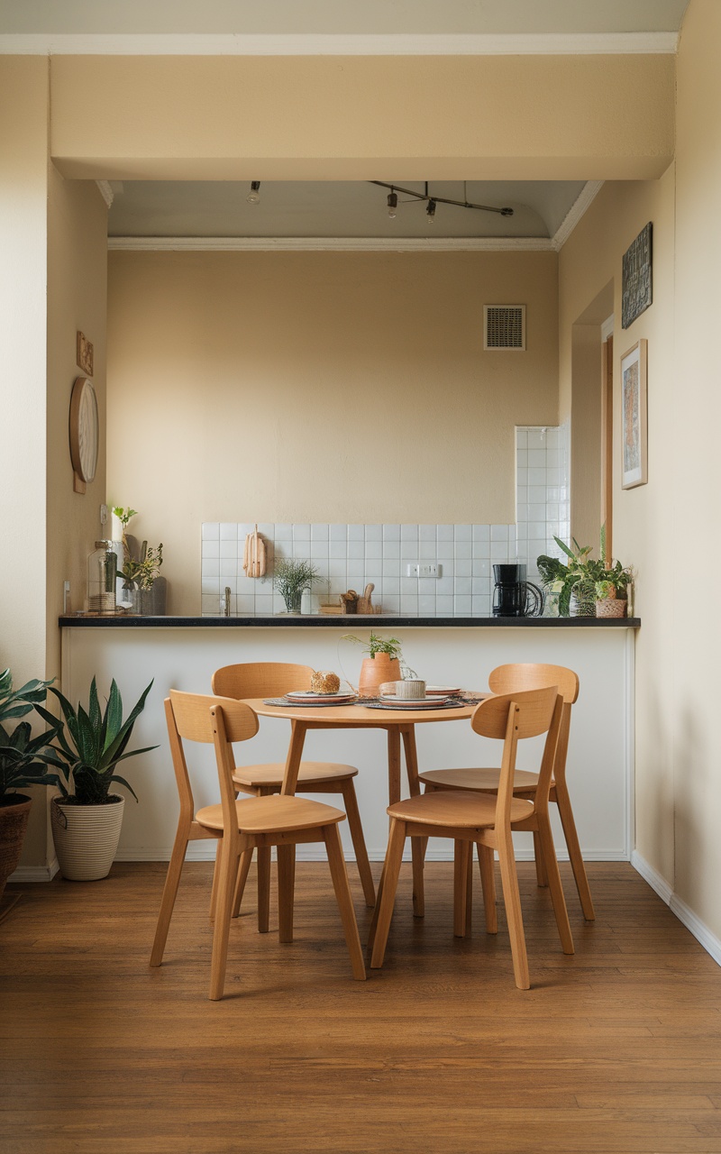 A warm and inviting Scandi style dining area featuring a round wooden table, light-colored chairs, and indoor plants.