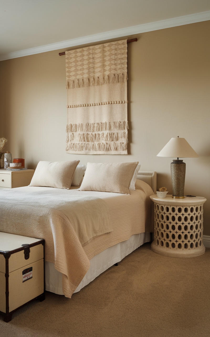 Cozy small beige bedroom with a bed, decorative wall hanging, and stylish bedside tables.