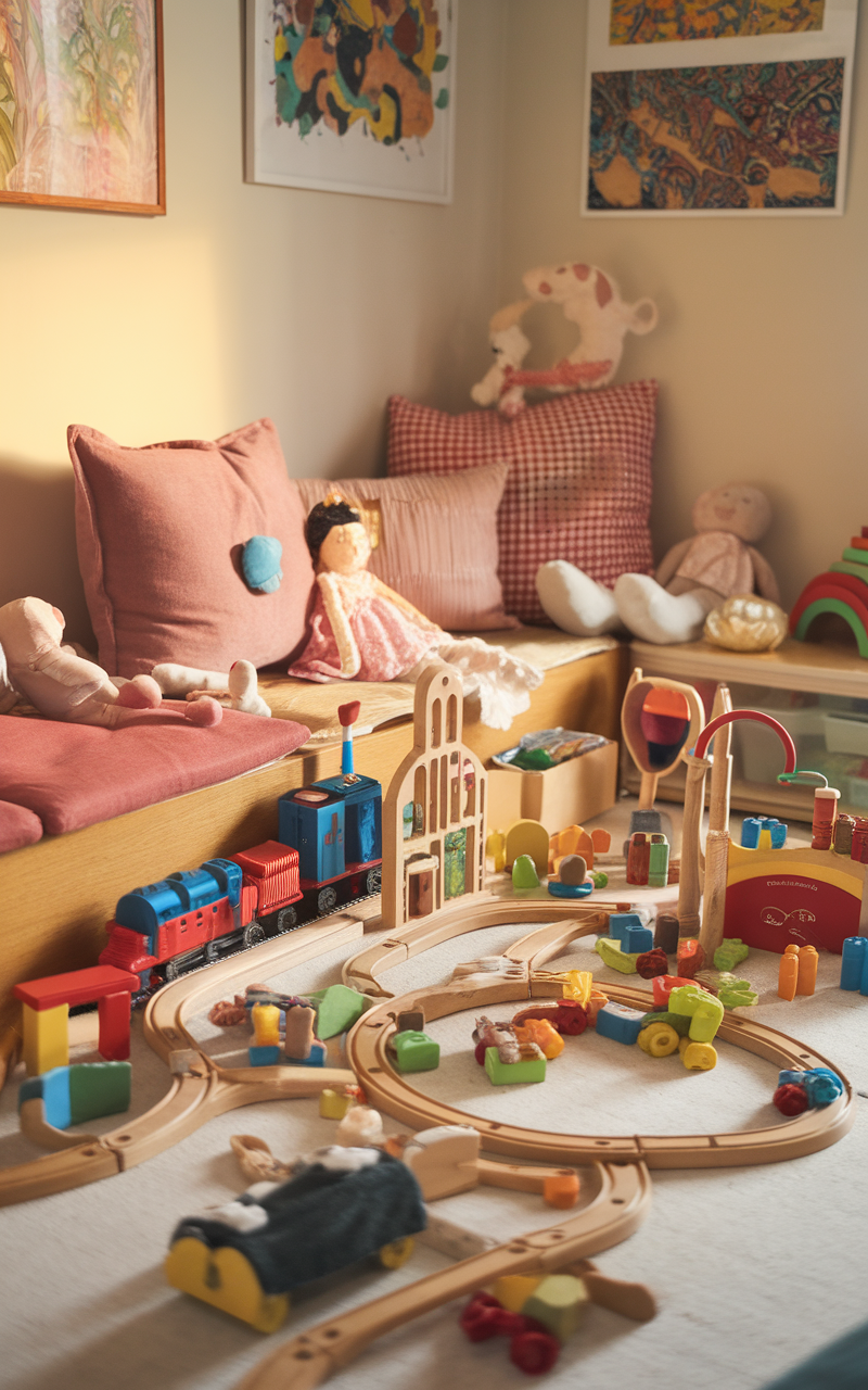 A colorful children's play corner with cushions, toys, and a multi-shelf unit