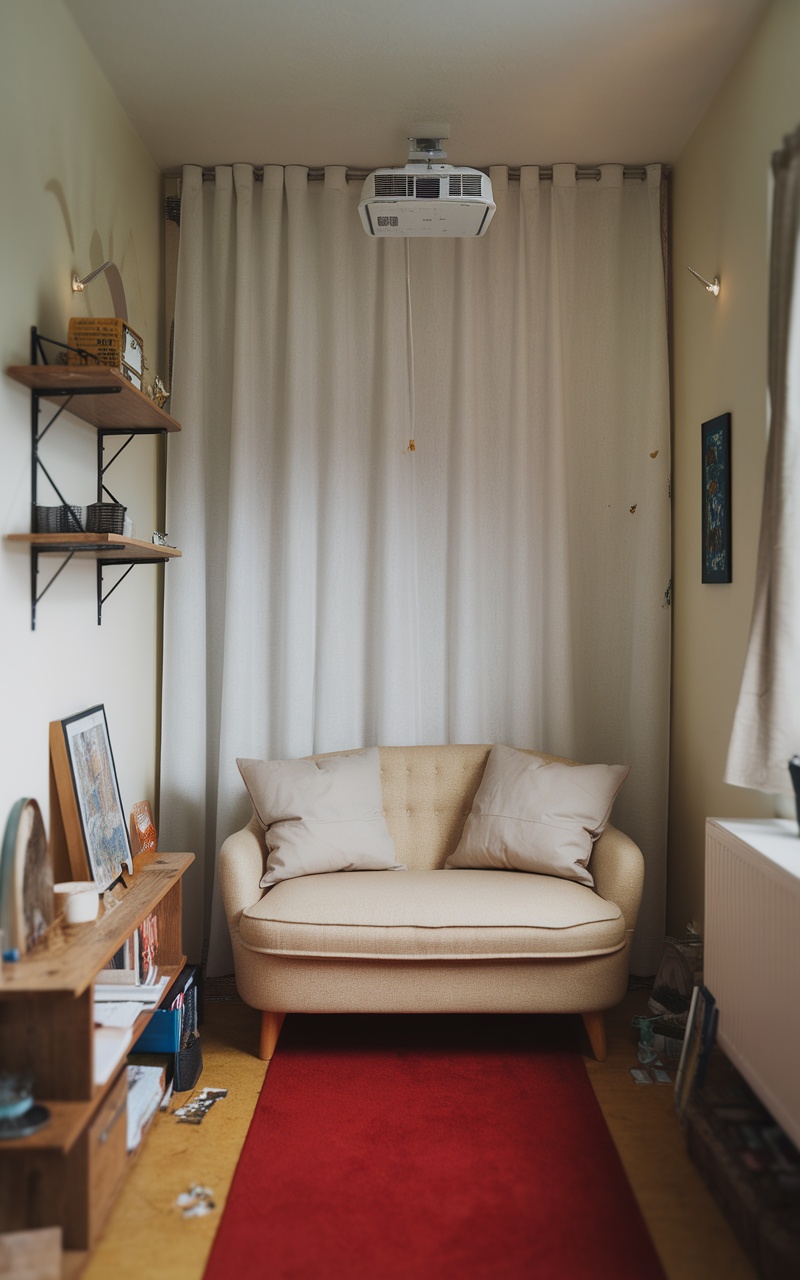 Cozy living room corner with a couch, shelves, and a projector.