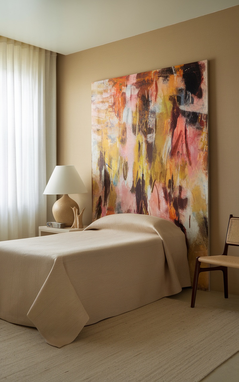 A cozy small beige bedroom with a large colorful artwork behind the bed, a textured blanket, and soft lighting.