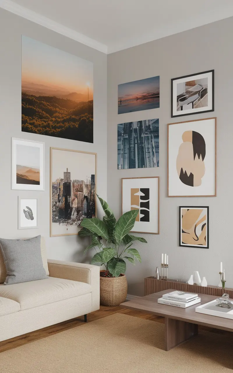 Living room corner featuring a gallery wall with various art and photos, complemented by a plant and modern furniture.