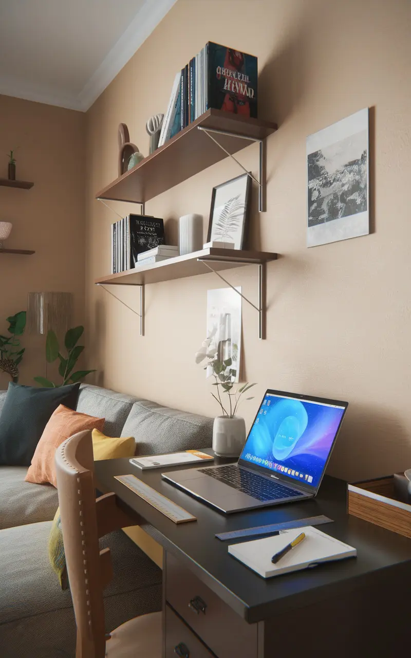 Cozy living room corner workspace with a desk, laptop, and decorative shelves.