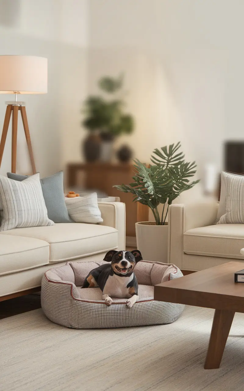 A cozy living room corner featuring a happy dog in a soft pet bed, surrounded by comfortable couches, decorative pillows, and greenery, creating a pet-friendly space.