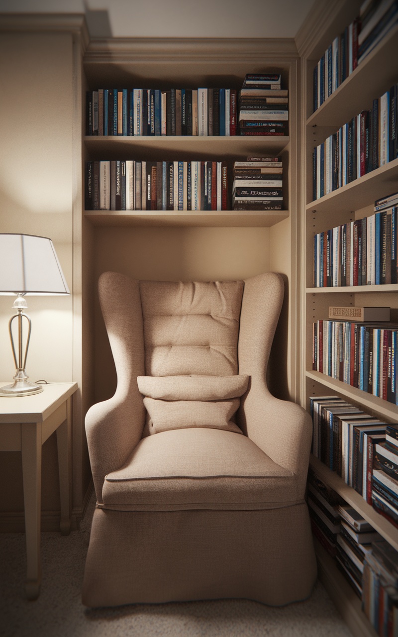 Cozy reading nook with a beige chair, lamp, and bookshelves filled with books