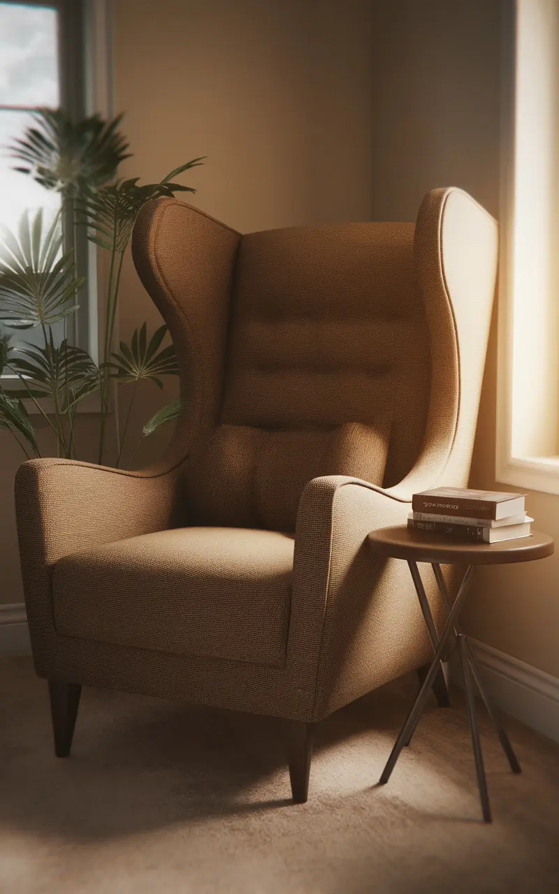 A cozy reading nook with a comfortable wingback chair, a small table holding books, and a plant beside it.