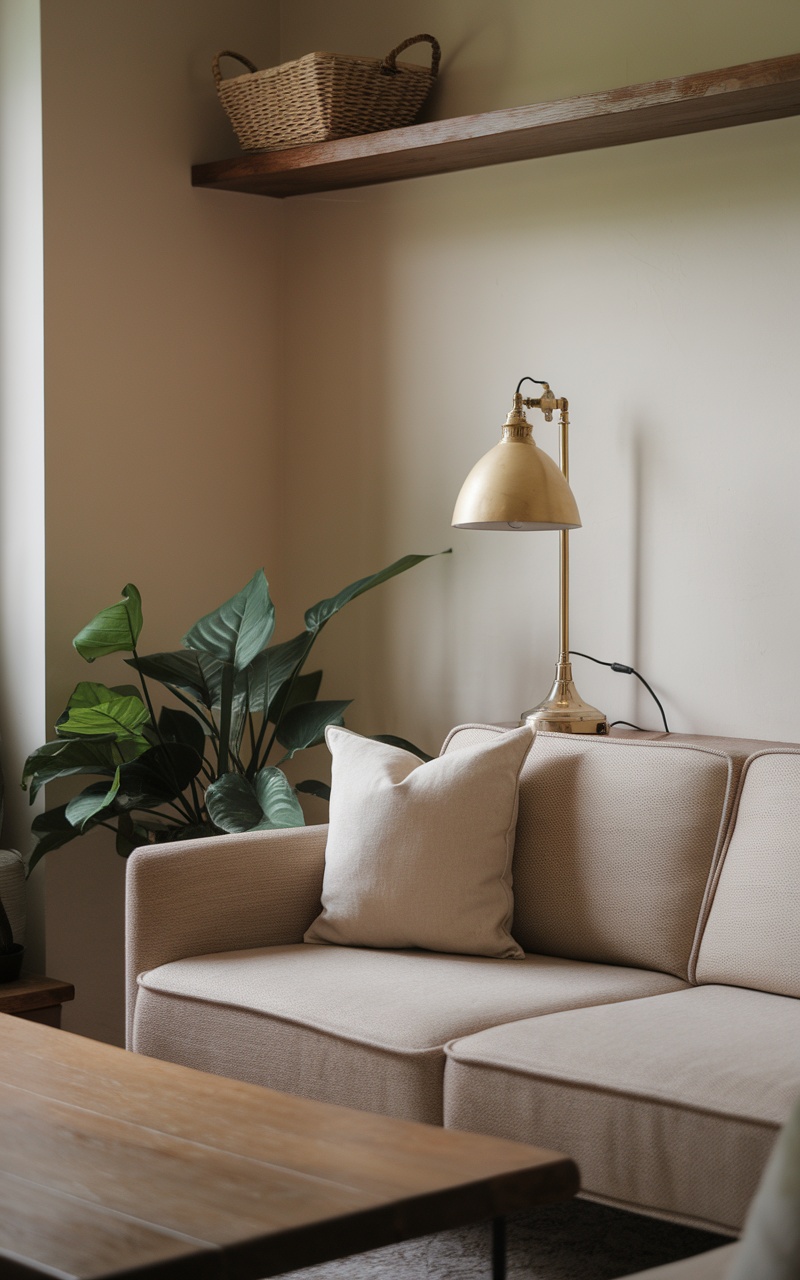 A cozy living room corner with a beige sofa, a warm lamp, and potted plants.