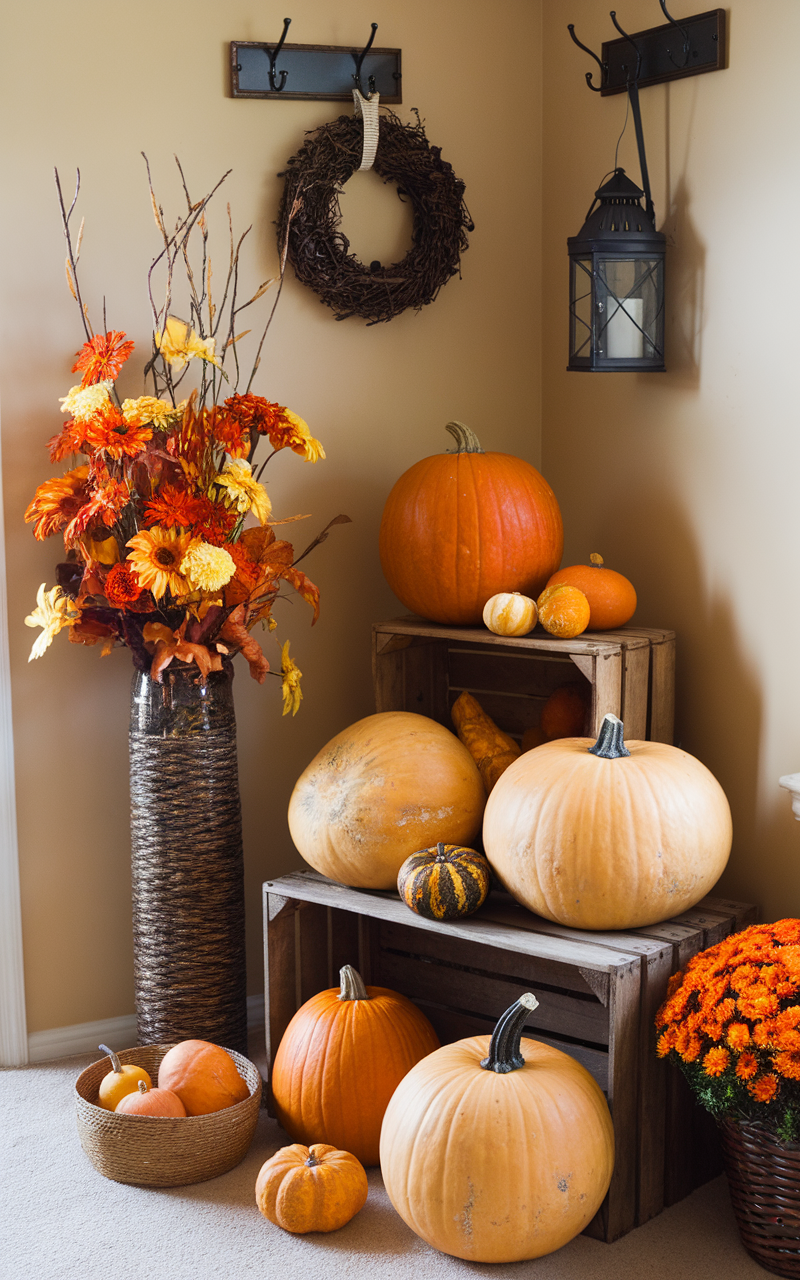 A cozy living room corner with a beige couch, pumpkins, flowers, and a decorative table.