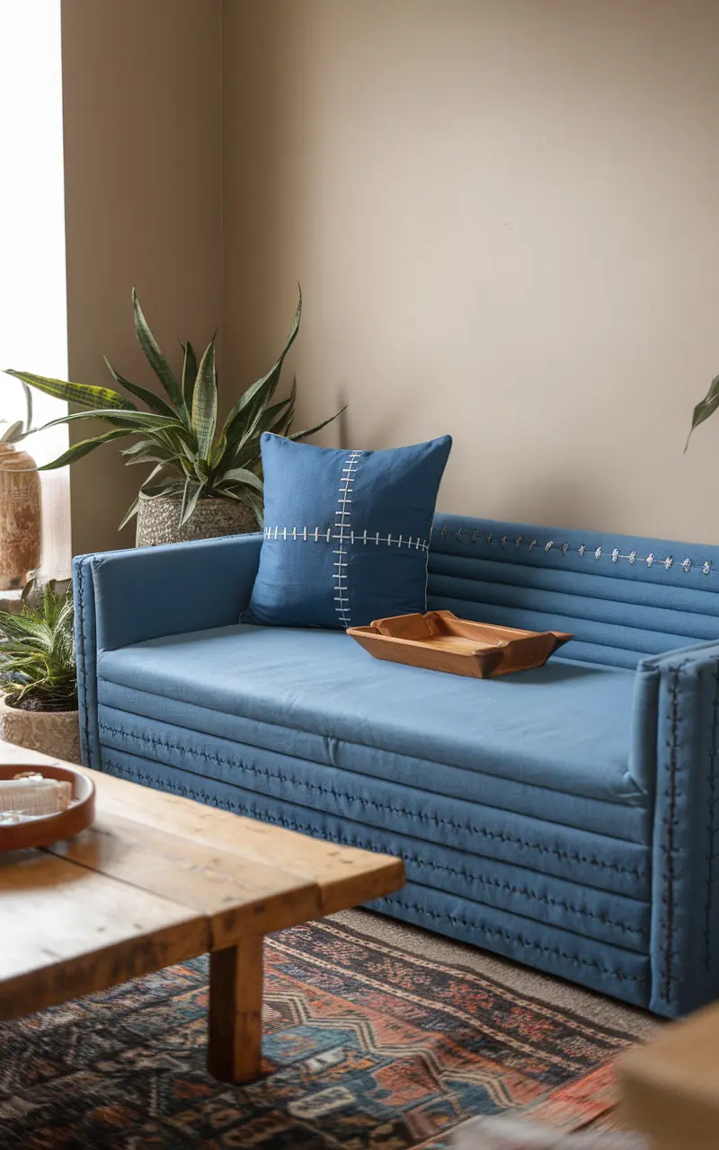 A cozy blue couch with decorative pillows, a wooden tray, and plants in a living room setting.