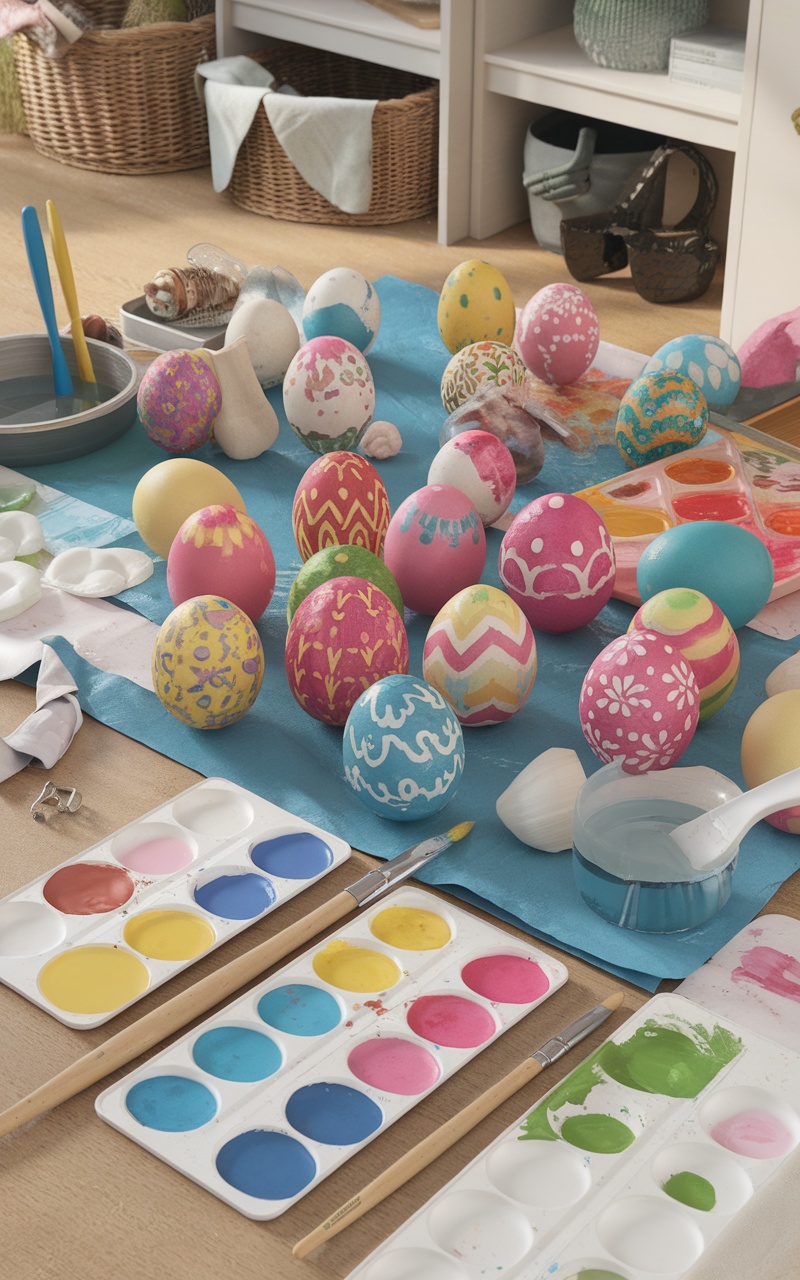 A creative egg painting station with colorful painted eggs and art supplies.