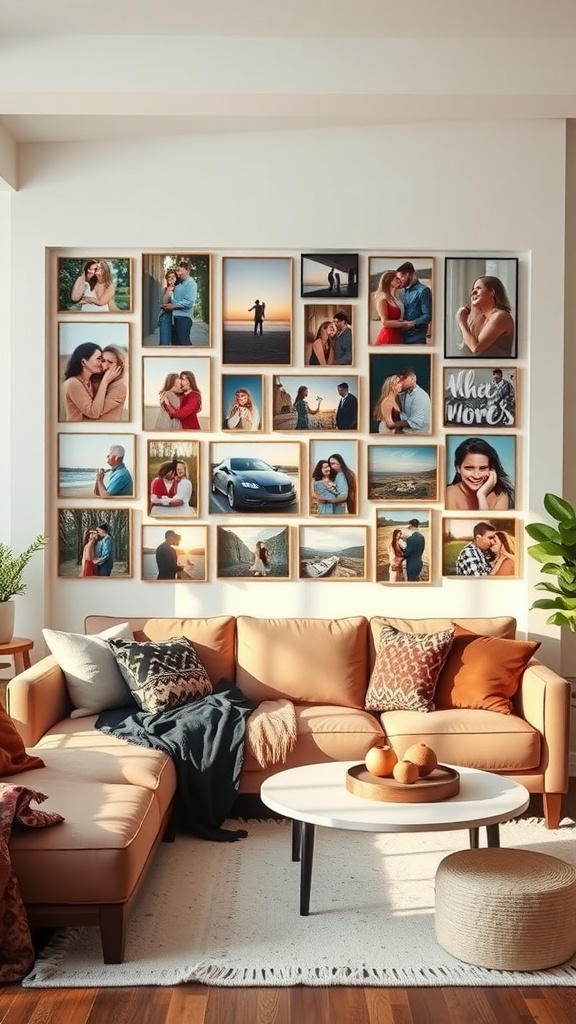 A living room with a creative photo display on the wall, showcasing various framed pictures, along with a cozy couch and coffee table.