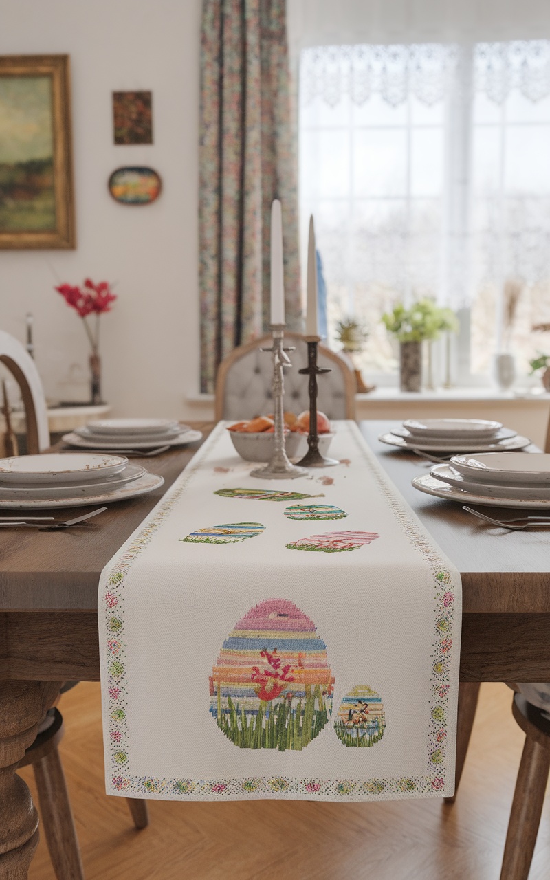 A beautifully decorated table with a colorful Easter-themed table runner featuring egg designs and floral accents.