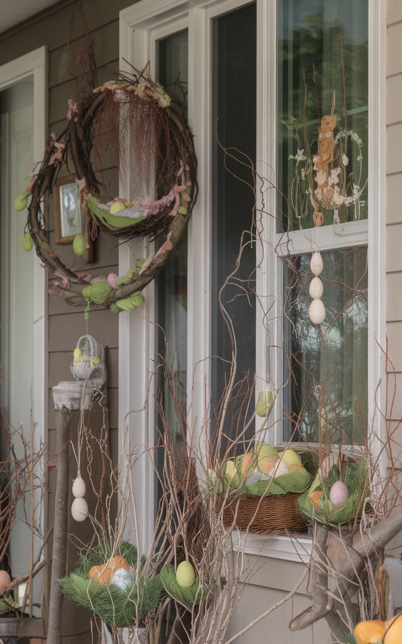 A beautiful collection of twigs and branches decorated for Easter with colorful eggs.