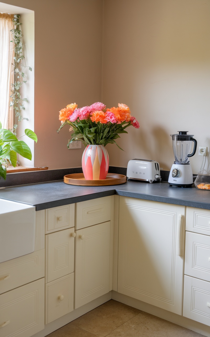 A bright kitchen corner with colorful flowers, a blender, and a toaster.