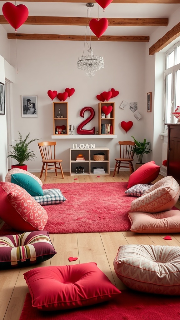 Cozy living room with cushioned floor seating in red and pink, decorated for Valentine's Day.