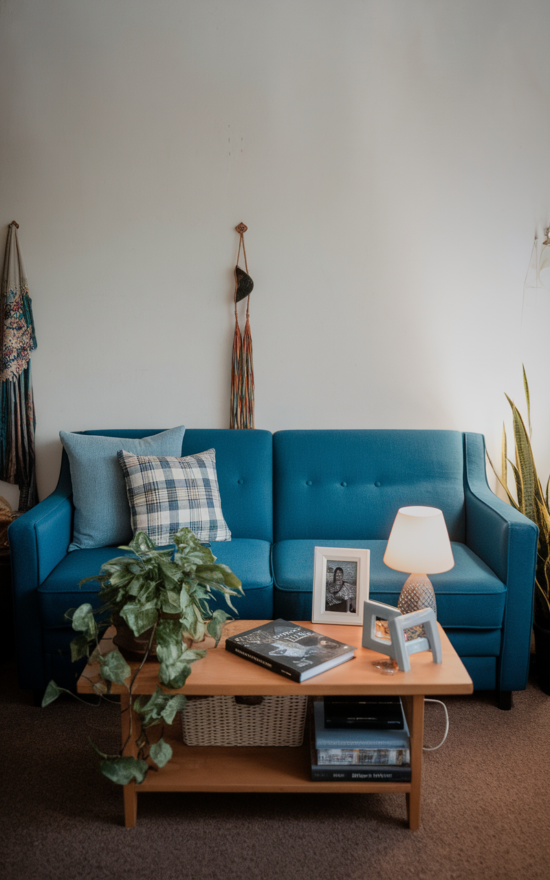 A blue couch adorned with books and photographs in a cozy living room setup