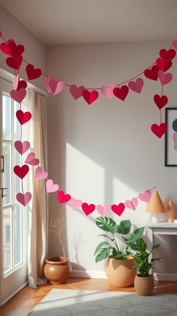 A beautifully decorated room featuring a customized heart garland made of pink and red paper hearts.