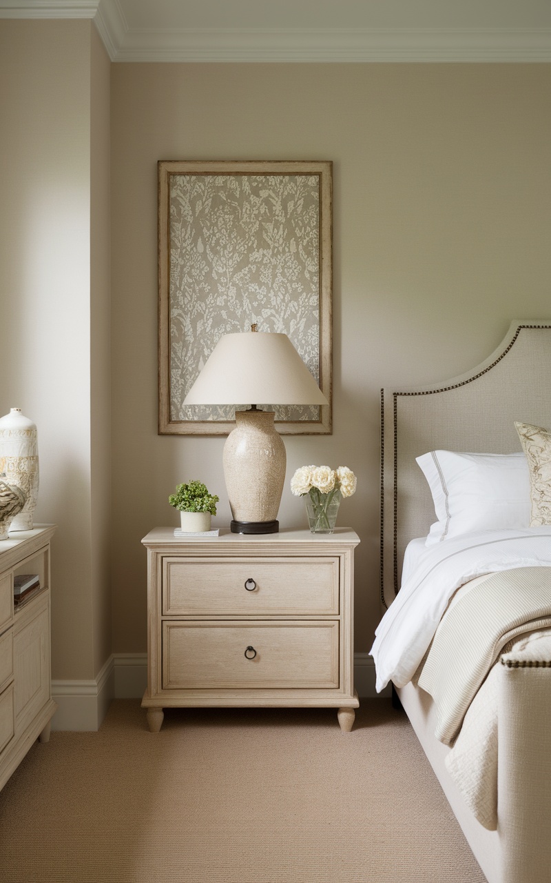 A cozy small beige bedroom featuring a neatly organized bedside table with a lamp, plant, and fresh flowers.