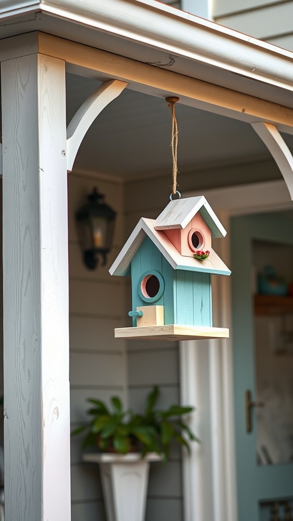 Colorful decorative birdhouse hanging on a porch