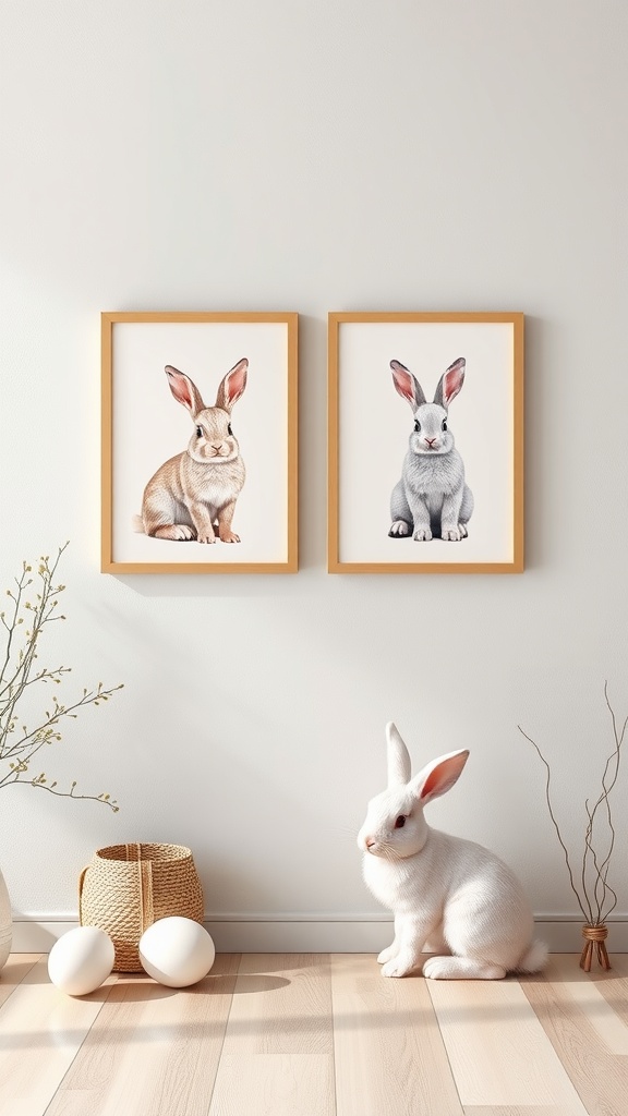 Two framed bunny prints on a wall with Easter decorations