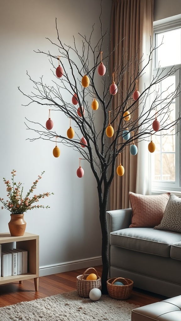 Decorative egg tree with colorful eggs hanging from branches