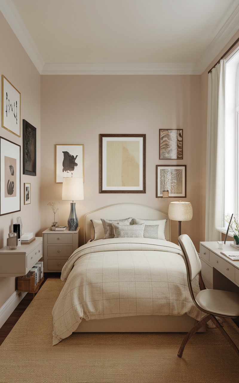 Decorative wall art in a cozy small beige bedroom with various framed artworks