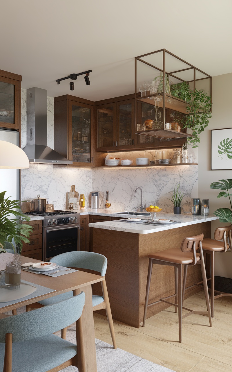 A modern Scandi style kitchen with defined zones for cooking and dining.