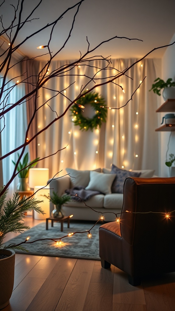 A cozy room decorated with fairy lights, branches, and a wreath, creating a romantic atmosphere.