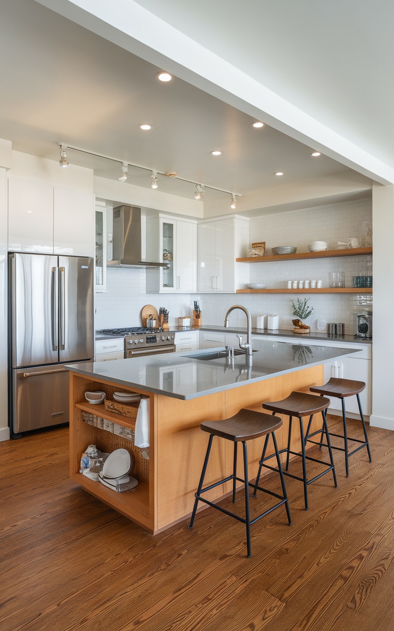 A modern Scandi style kitchen featuring an open layout with a central island, wooden accents, and neutral tones.