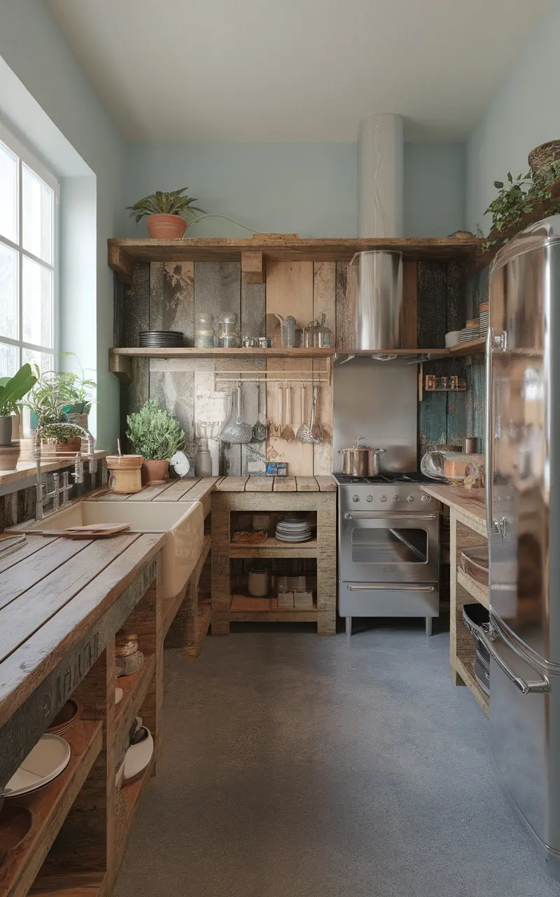 A cozy Scandi style kitchen with reclaimed wood shelves, energy-efficient appliances, and plants.