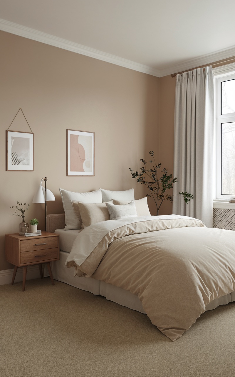 Cozy small beige bedroom with soft bedding and natural decor