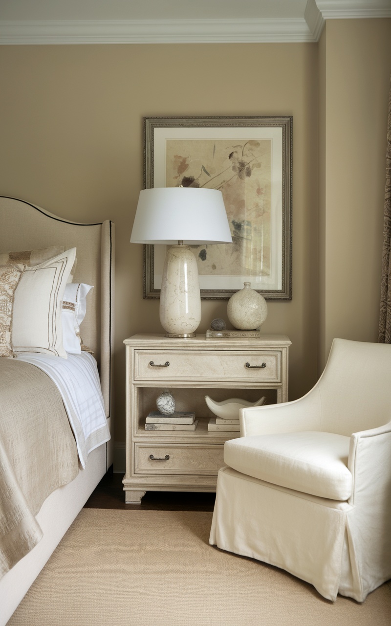 A cozy small beige bedroom featuring a beautifully designed nightstand with a lamp and decorative objects.