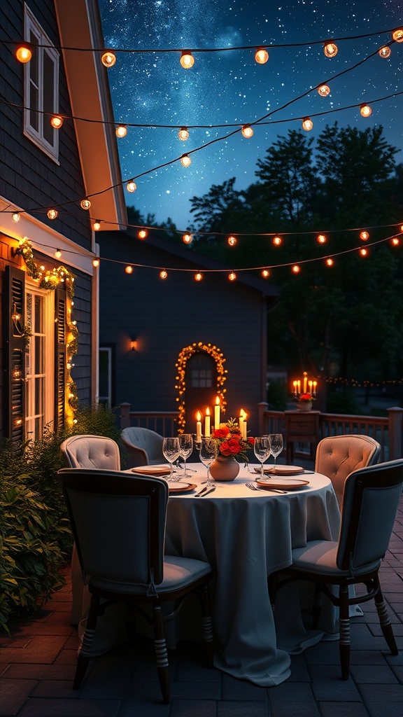 A romantic outdoor dinner setup under string lights with a starry sky.