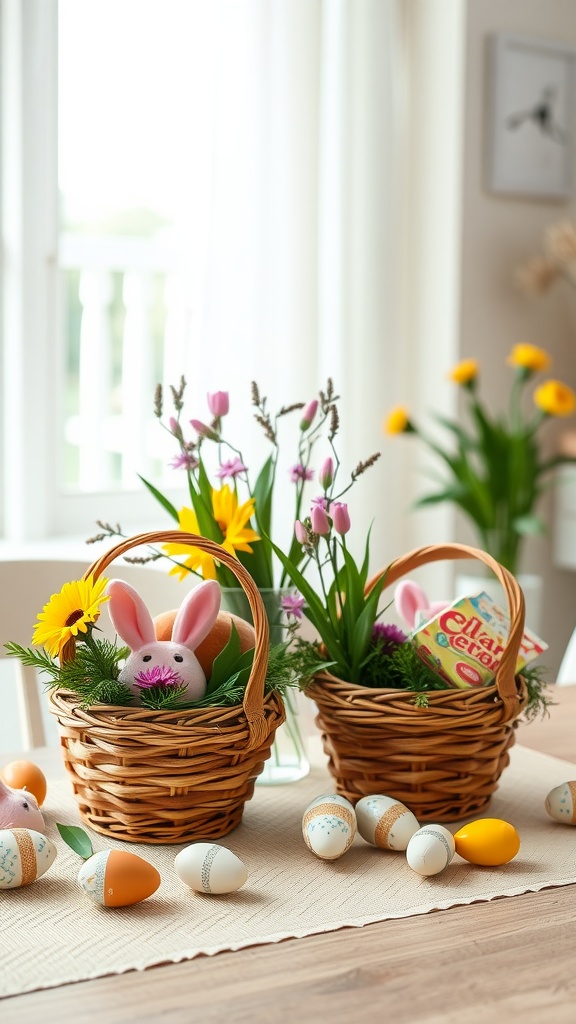 Two wicker baskets filled with flowers and bunny decorations on a table with Easter eggs scattered around.