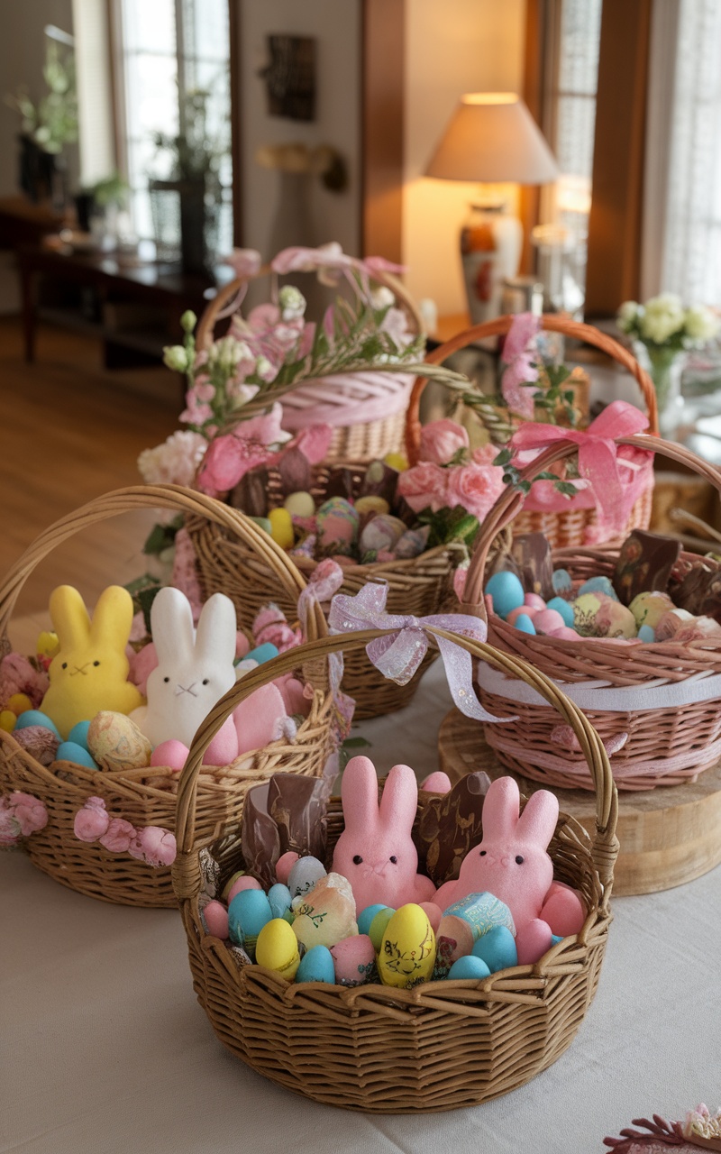 A collection of colorful Easter baskets filled with eggs, plush bunnies, and treats, displayed on a table.