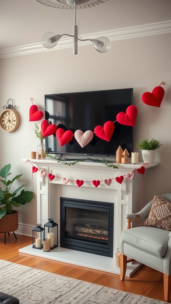 A cozy living room with a heart garland made of red and pink felt hearts hanging above a fireplace.