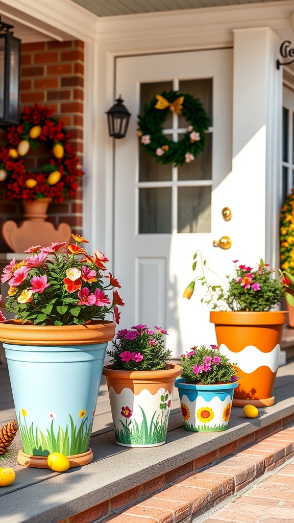 Colorful DIY painted terracotta pots with flowers, perfect for Easter decor.