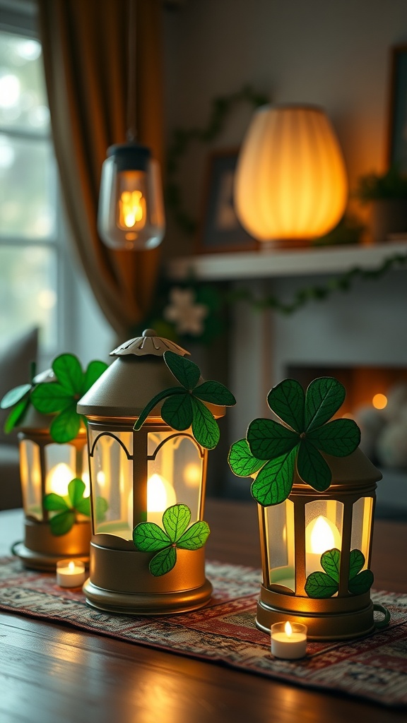 Three decorative lanterns with shamrock designs, lit with warm candles, placed on a table