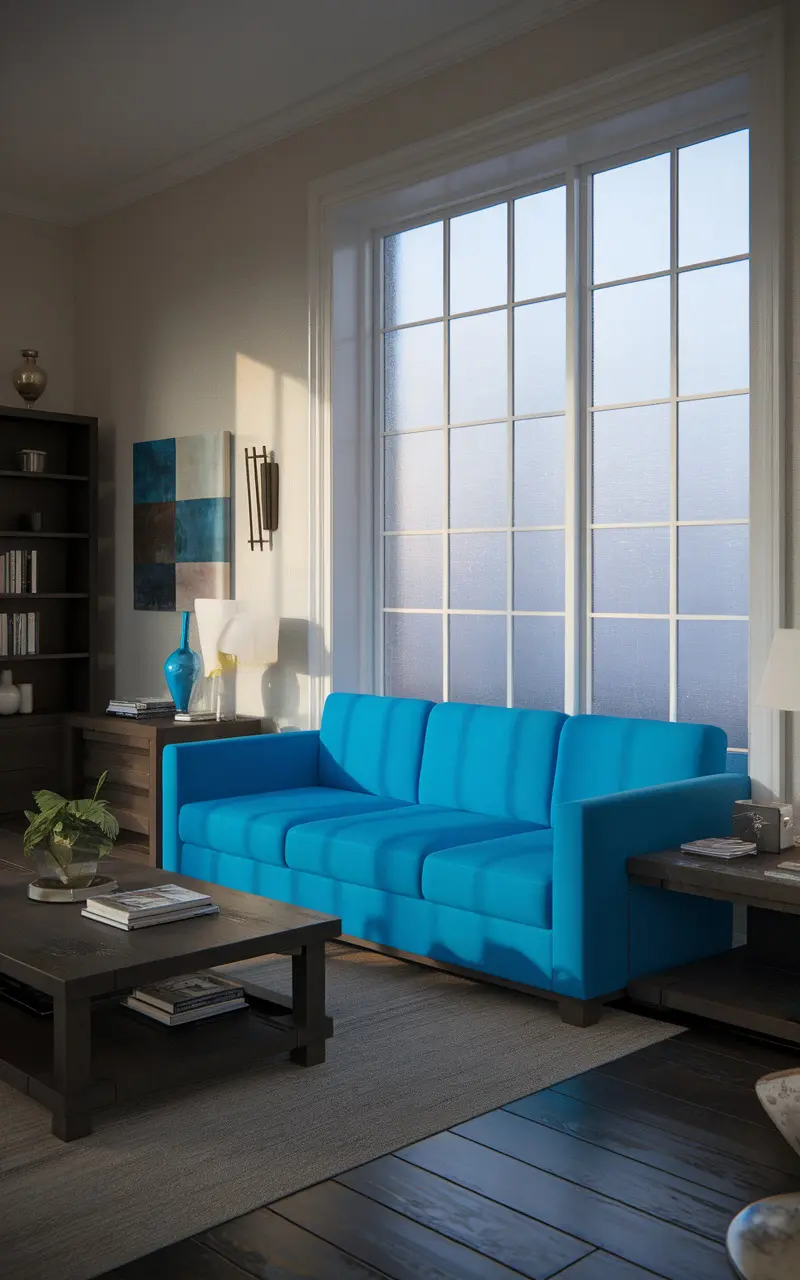 Living room featuring a bright blue couch with dark wood accents and large windows