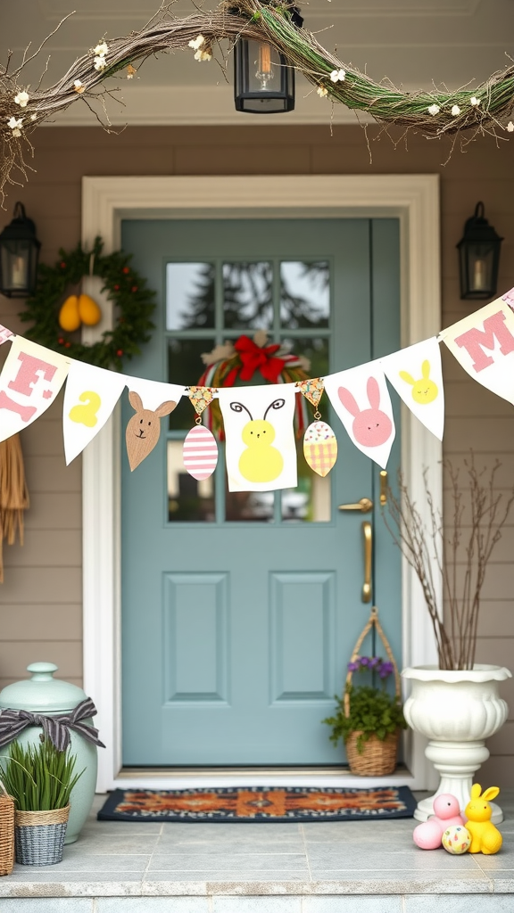 Easter-themed bunting hanging above a front porch door with colorful decorations.