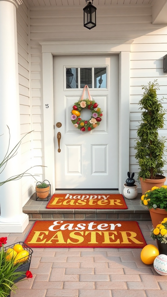 Easter-themed doormat with 'happy Easter' and 'Easter' text, surrounded by colorful decorations