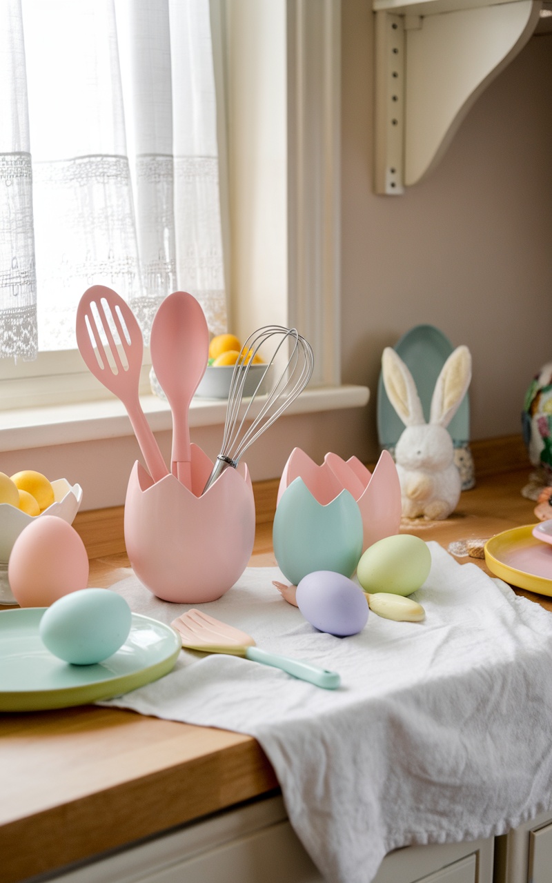 Pastel-colored kitchen utensils and decorative eggs arranged on a kitchen counter for Easter.