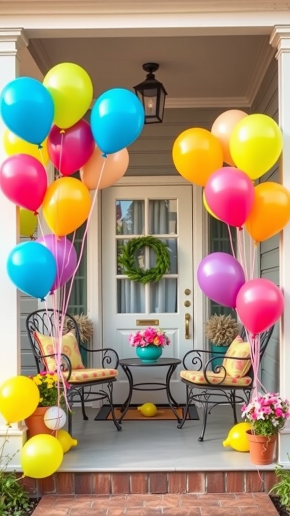 A porch decorated with colorful balloons, showcasing a cheerful Easter vibe with chairs and flowers.