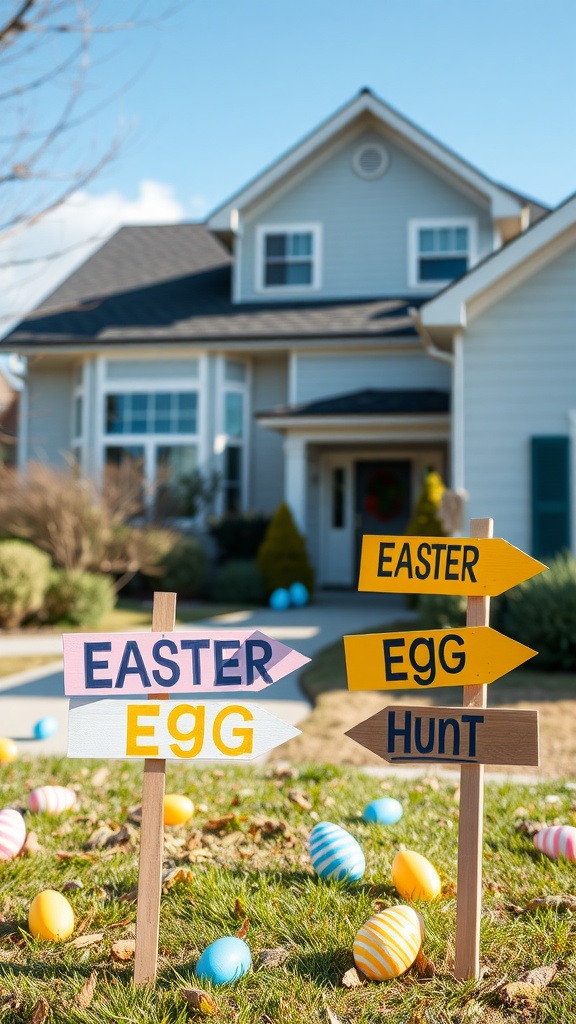 Colorful wooden signs for an Easter egg hunt in a yard with pastel Easter eggs scattered around.