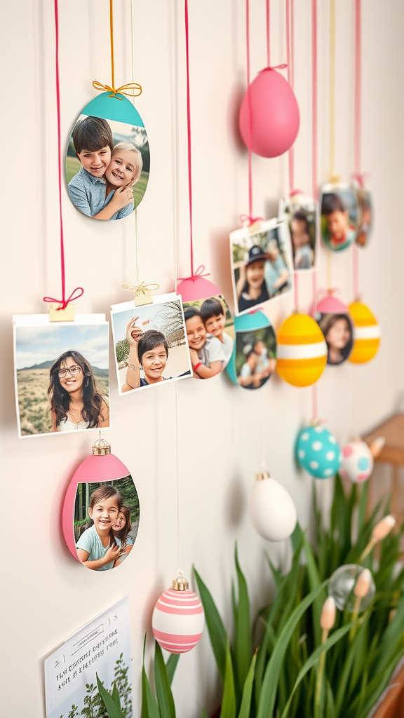 A colorful Easter Egg photo display featuring family pictures and decorated eggs.