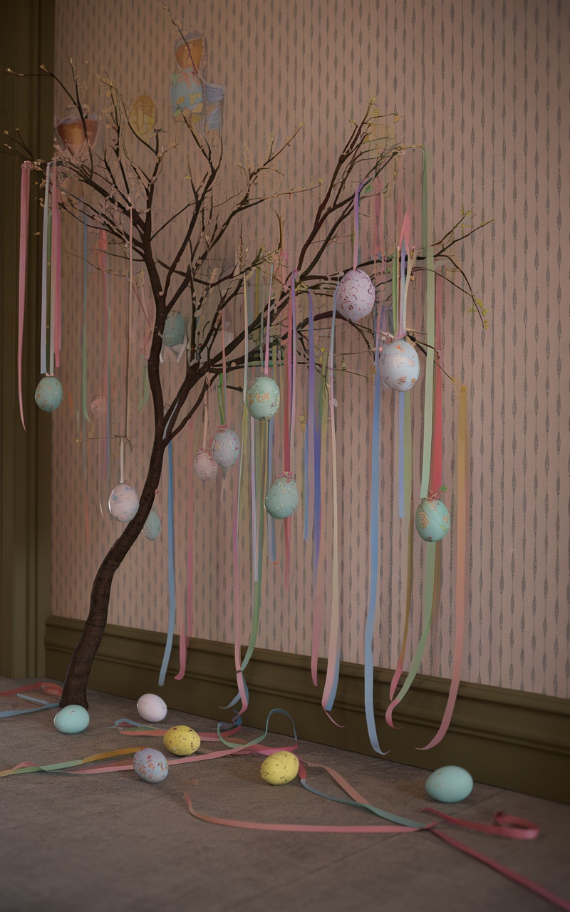 A decorative Easter Egg Tree with colorful eggs and ribbons.