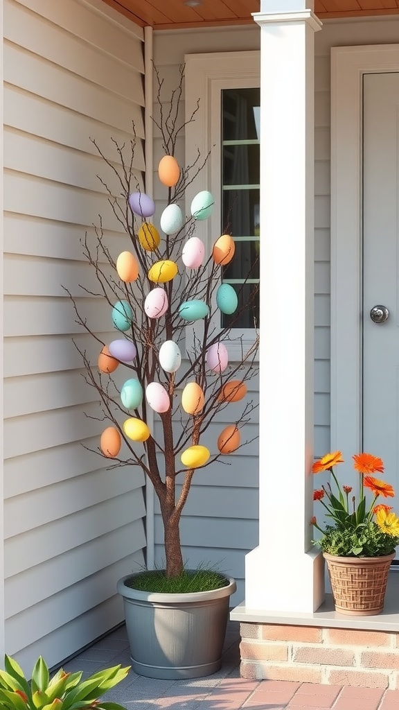 A decorated Easter egg tree with pastel-colored eggs in a pot, displayed on a porch.